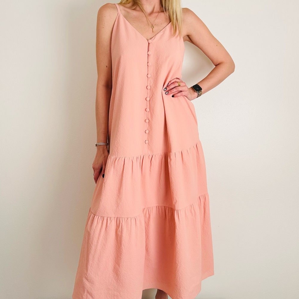 New Ted Baker textured thin straps pink button v-neck sleeveless midi dress
